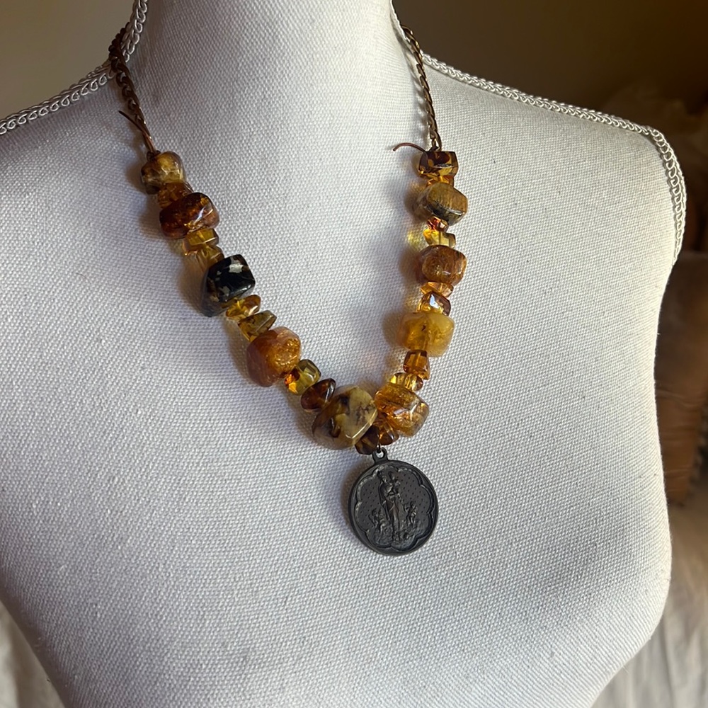 Vintage Boho one of a kind coin, chain & Amber necklace
